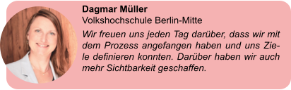 Dagmar Müller  Volkshochschule Berlin-Mitte Wir freuen uns jeden Tag darüber, dass wir mit dem Prozess angefangen haben und uns Zie-le definieren konnten. Darüber haben wir auch mehr Sichtbarkeit geschaffen.
