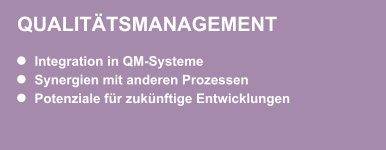 QUALITÄTSMANAGEMENT Integration in QM-Systeme Synergien mit anderen Prozessen Potenziale für zukünftige Entwicklungen QUALITÄTSMANAGEMENT Integration in QM-Systeme Synergien mit anderen Prozessen Potenziale für zukünftige Entwicklungen